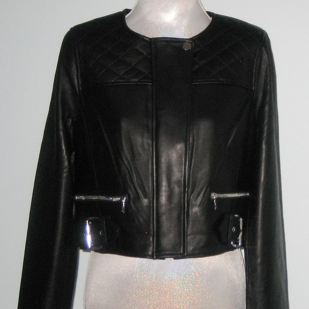 NWT MILLY Belted SAMANTHA Leather BIKER Moto Crop JACKET Women L Black MSRP $745